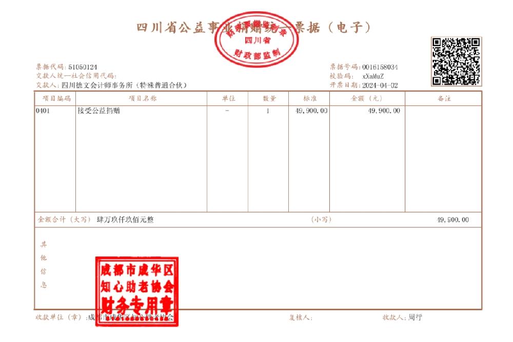 四川德文会计师事务所（特殊普通合伙）向成都市成华区知心助老协会爱心捐赠