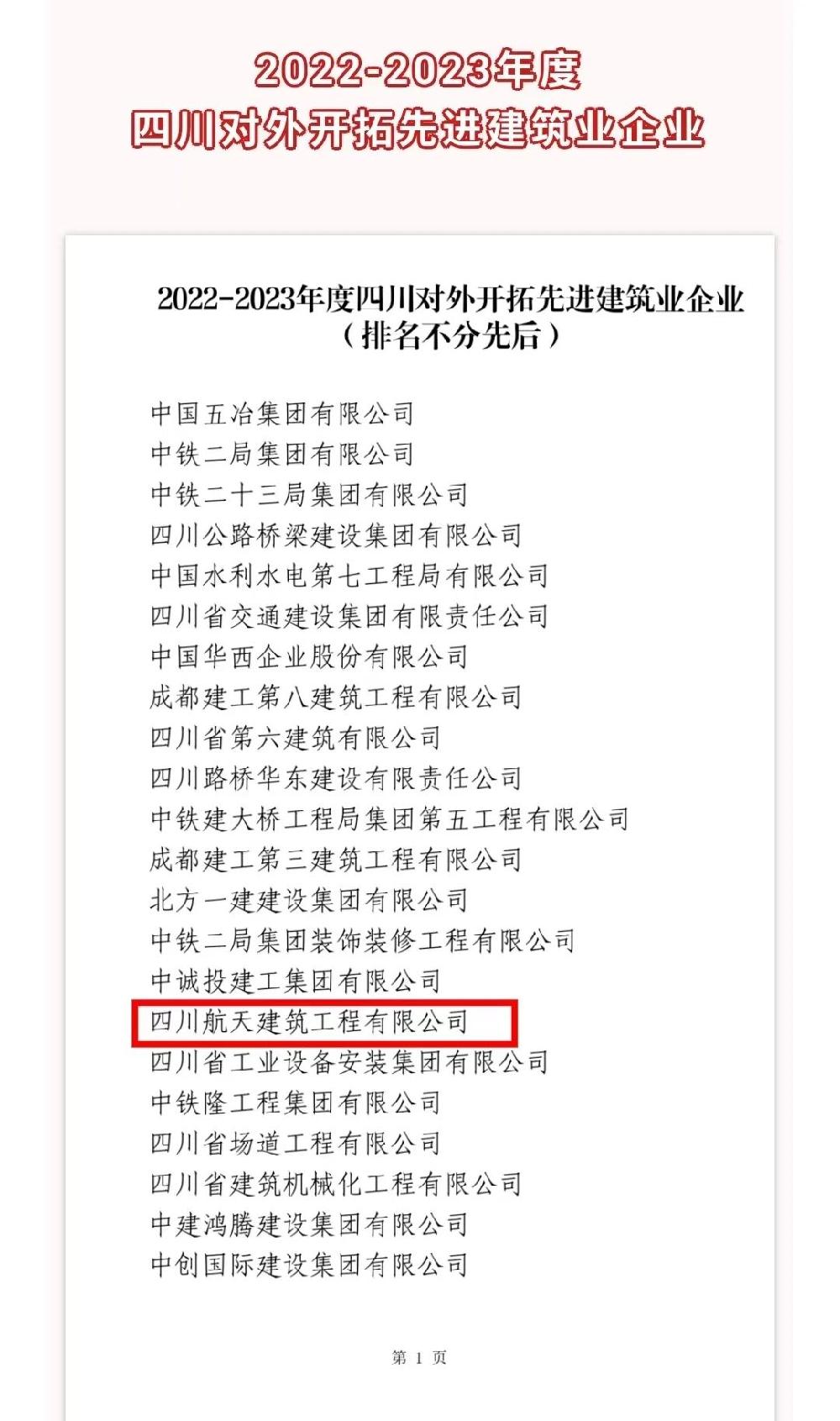 喜报！航天建筑荣获 “四川对外开拓先进建筑业企业”称号